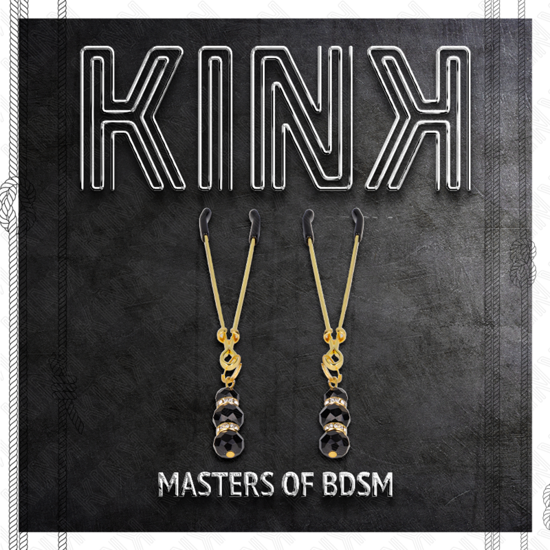 Kink - pinze per capezzoli sottili oro con 3 perline di vetro nere 7 cm