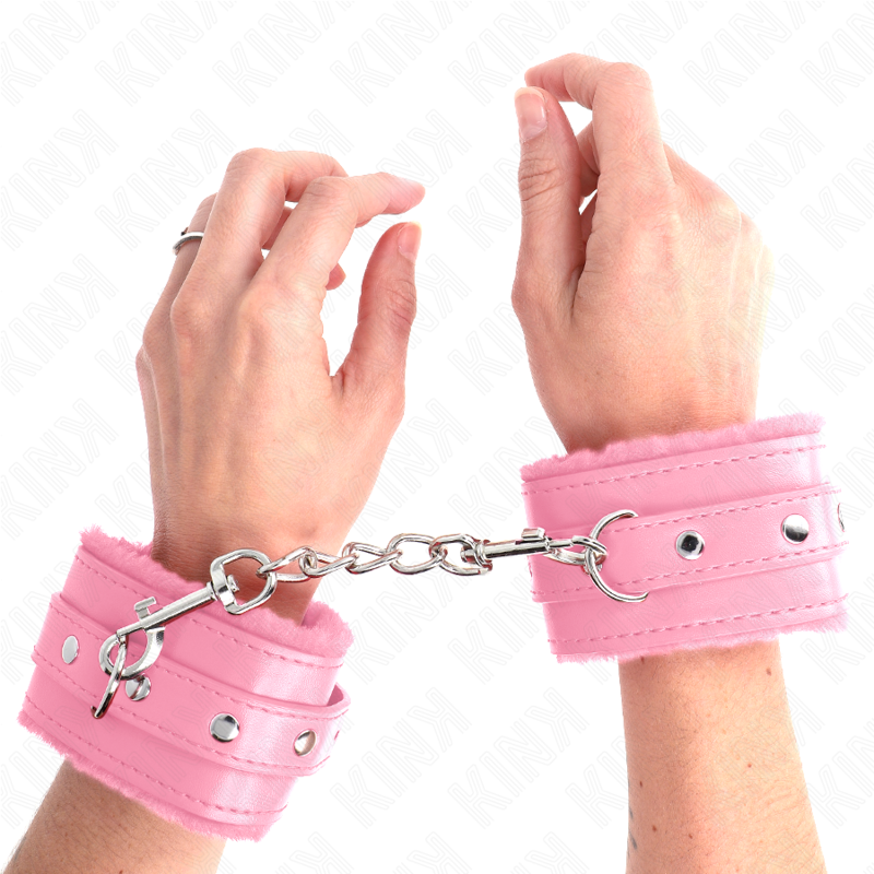 Kink - Menottes de poignet premium en fausse fourrure rose avec ceinture réglable rose 17-29 cm x 6 cm