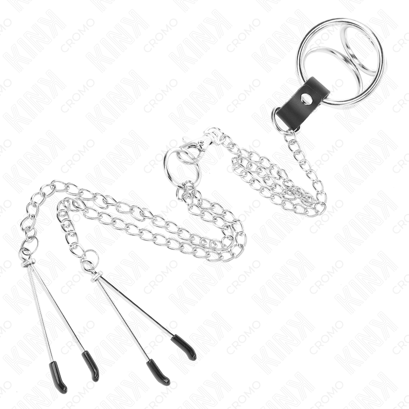 Kink - anello per pene in metallo cromato triplo da 3 cm a 4,5 cm con catena in metallo da 26 cm e clip per capezzoli