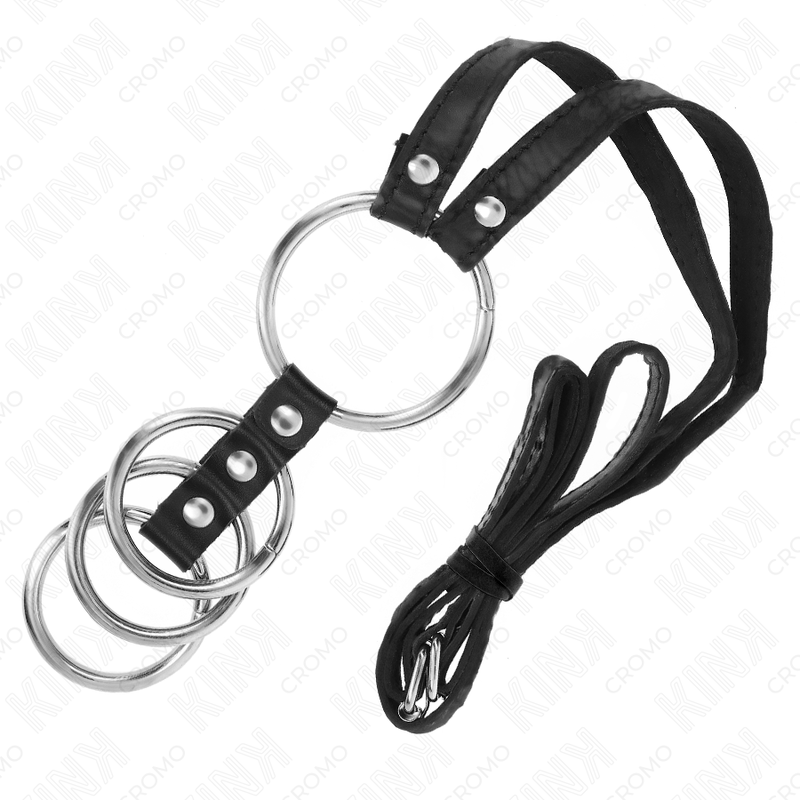 Kink - 4 anelli per pene in metallo collegati da 3,8 cm a 5 cm con cintura in pelle 112 cm
