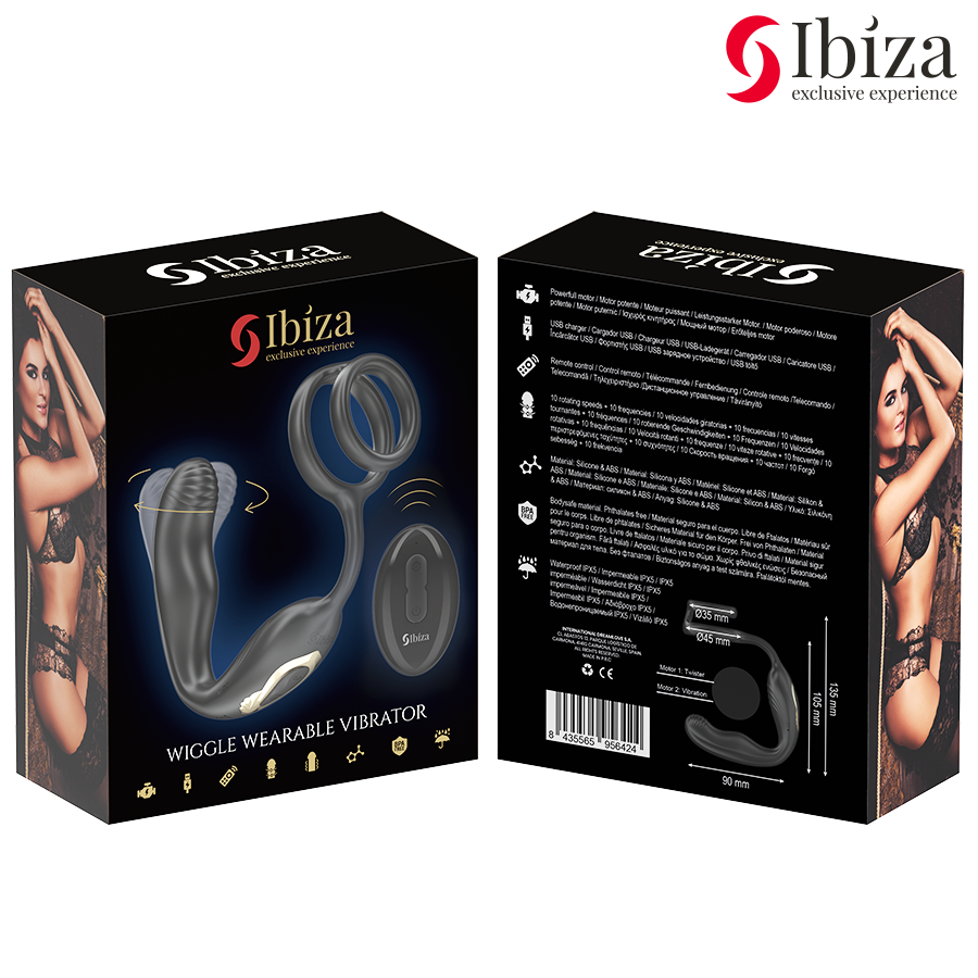 Ibiza - wiggle plug anale rotante telecomandato con vibrazione perineale e anelli per l'estensione del pene