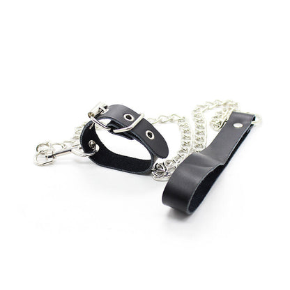 OHMAMA FETISH - COLLIER POUR PÉNIS ET BRACELET EN CUIR AVEC CHAÎNE MÉTALLIQUE