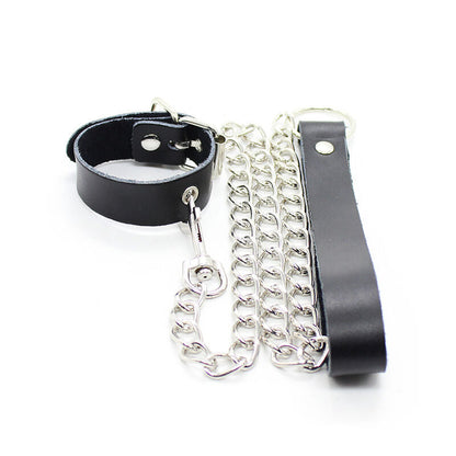 OHMAMA FETISH - COLLIER POUR PÉNIS ET BRACELET EN CUIR AVEC CHAÎNE MÉTALLIQUE