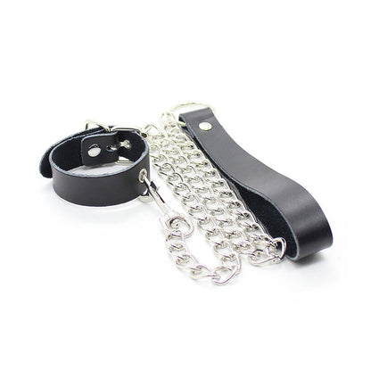 OHMAMA FETISH - COLLIER POUR PÉNIS ET BRACELET EN CUIR AVEC CHAÎNE MÉTALLIQUE