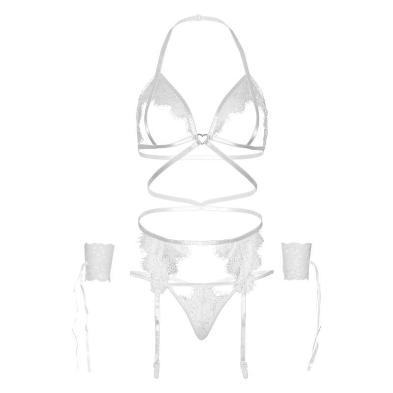 Leg avenue set quattro pezzi reggiseno, perizoma, reggicalze e polsini taglia unica - bianco