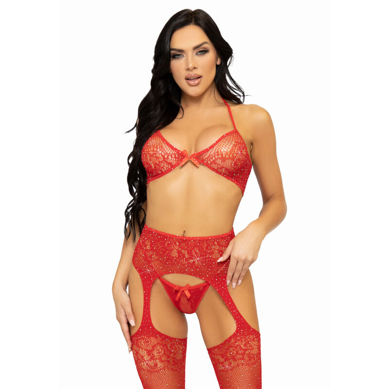 Leg avenue ensemble trois pièces soutien-gorge, string et bas taille unique - rouge