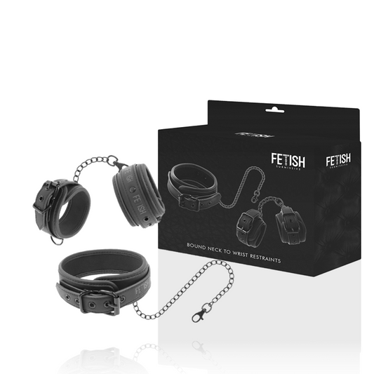 Collare Fetish submissive con manette e catena nero