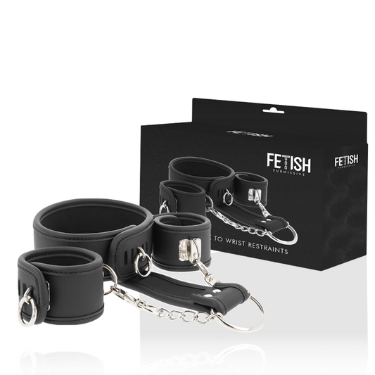 Collare Fetish submissive con manette e catena in metallo