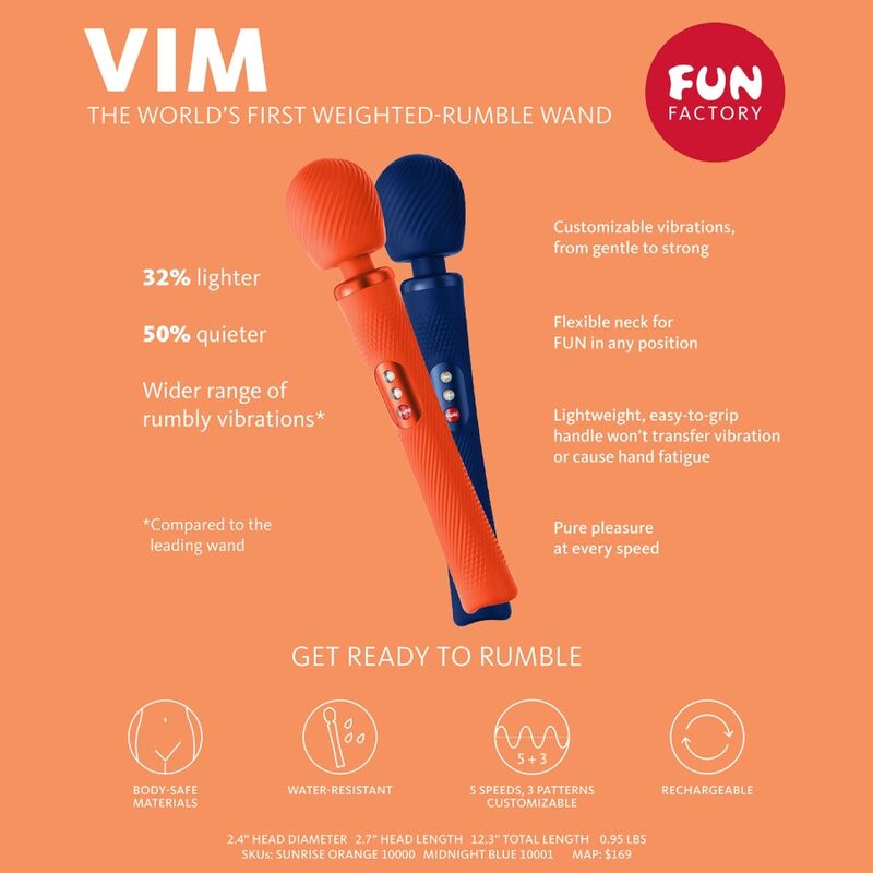 Fun factory - bacchetta vim in silicone ricaricabile vibrante pesata rumble blu mezzanotte