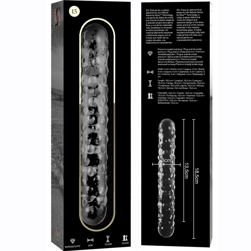 Nebula series by ibiza - modello 15 dildo in vetro borosilicato trasparente 18.5 cm -o- 3 cm