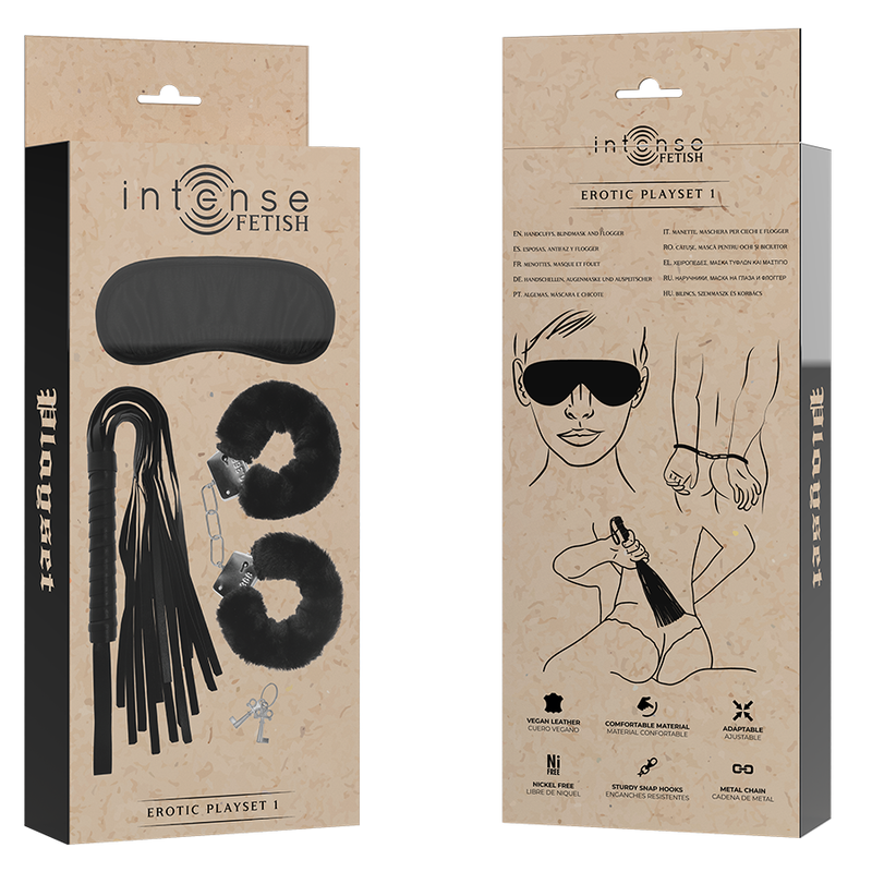 Kit Bondage INTENSE FETISH Erotic Playset Manette + Maschera + Frusta Nero.