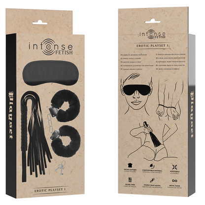 Kit Bondage INTENSE FETISH Erotic Playset Manette + Maschera + Frusta Nero.