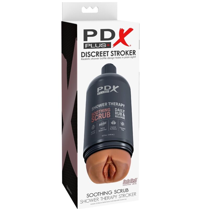 Pdx plus - masturbatore stroker dal design discreto con flacone shampoo scrub lenitivo al caramello