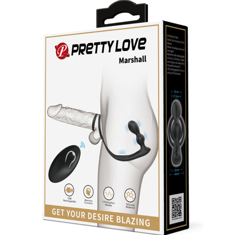 Annello per il pene Pretty Love Marshall con Plug Anale e Telecomando Nero