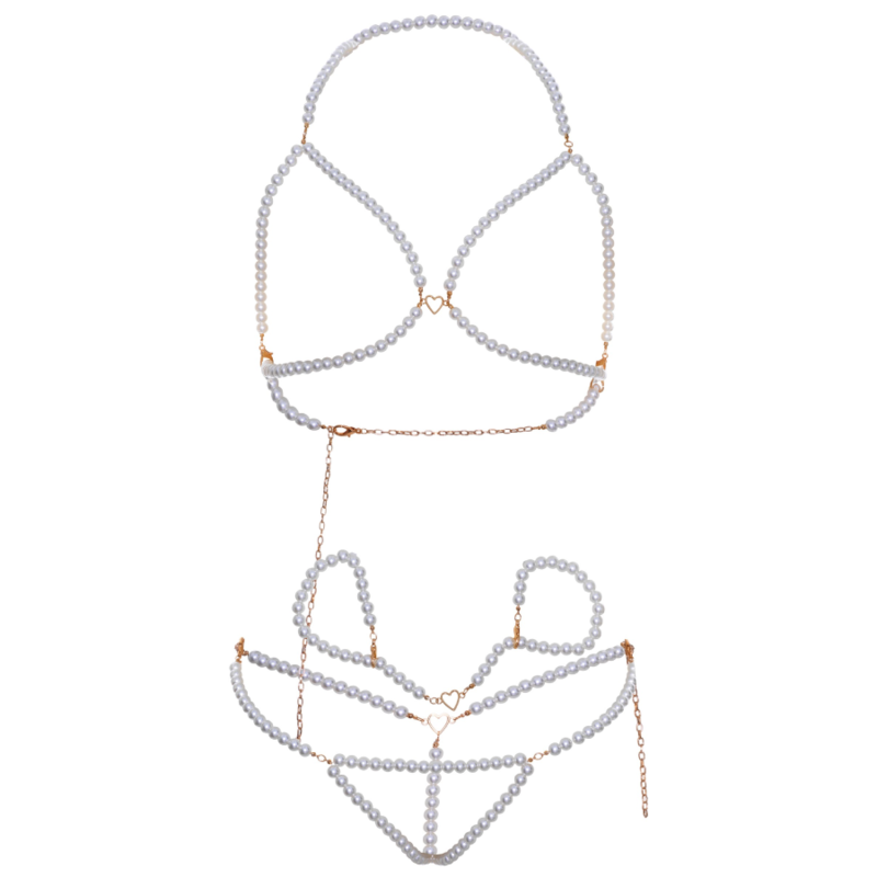 Leg avenue - set polsini reggiseno e perizoma con perle