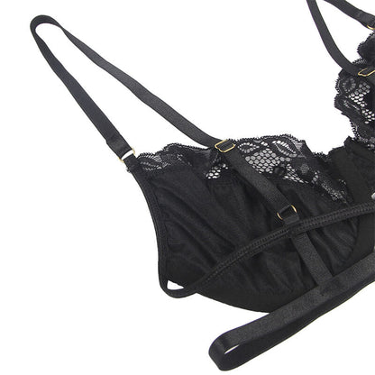 Subblime - set 3 pezzi reggiseno + perizoma + giarrettiera in pizzo nero l/xl