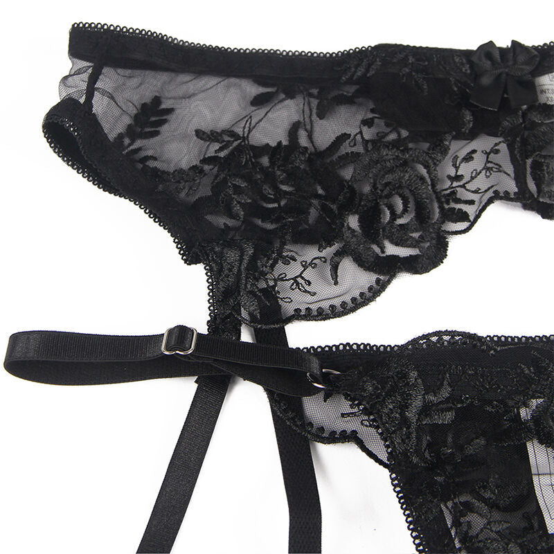 Subblime - set 3 pezzi reggiseno + perizoma + giarrettiera stampa floreale nero s/m