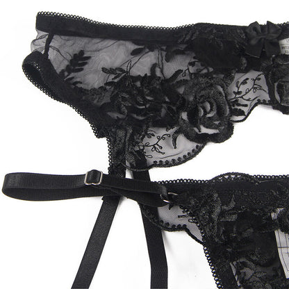 Subblime - set 3 pezzi reggiseno + perizoma + giarrettiera stampa floreale nero s/m