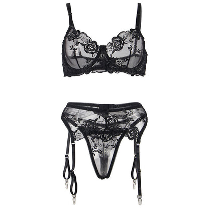 Subblime - set 3 pezzi reggiseno + perizoma + giarrettiera stampa floreale nero s/m
