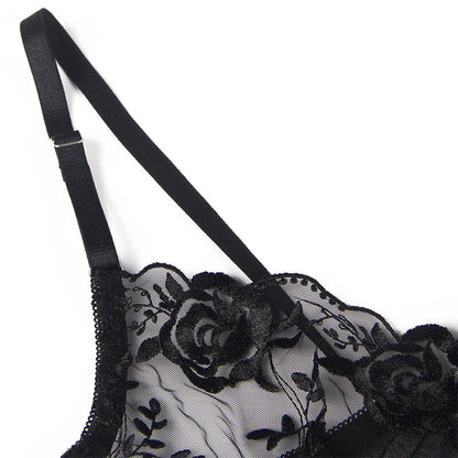 Subblime - set 3 pezzi reggiseno + perizoma + giarrettiera stampa floreale nero s/m