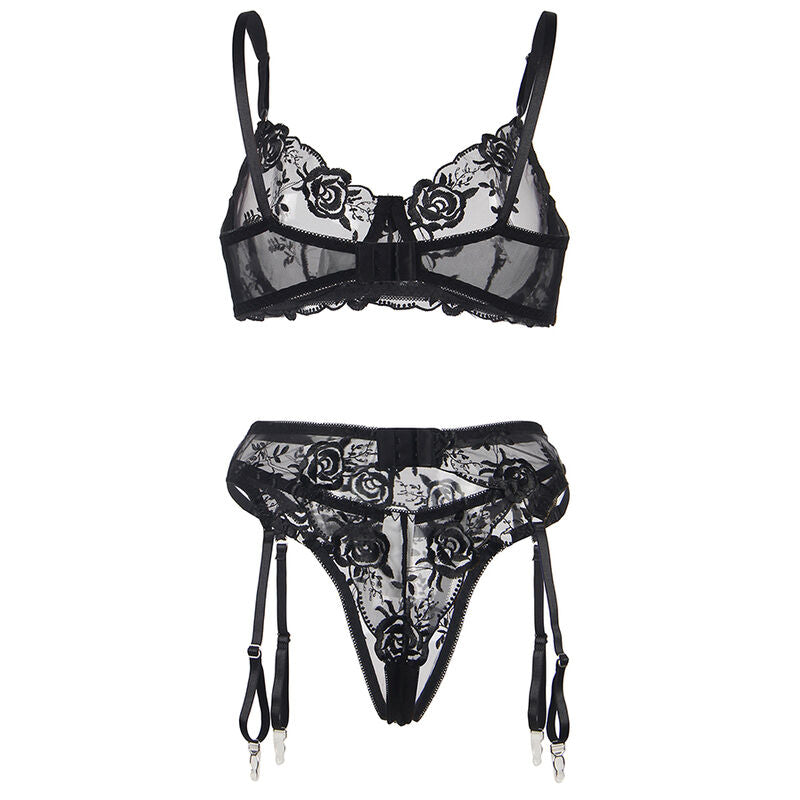 Subblime - set 3 pezzi reggiseno + perizoma + giarrettiera stampa floreale nero s/m