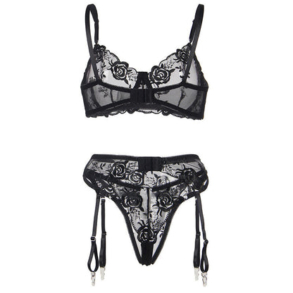 Subblime - set 3 pezzi reggiseno + perizoma + giarrettiera stampa floreale nero s/m