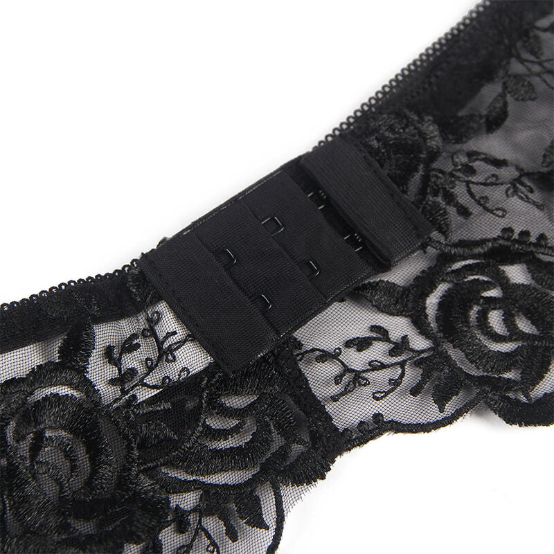 Subblime - set 3 pezzi reggiseno + perizoma + giarrettiera stampa floreale nero l/xl