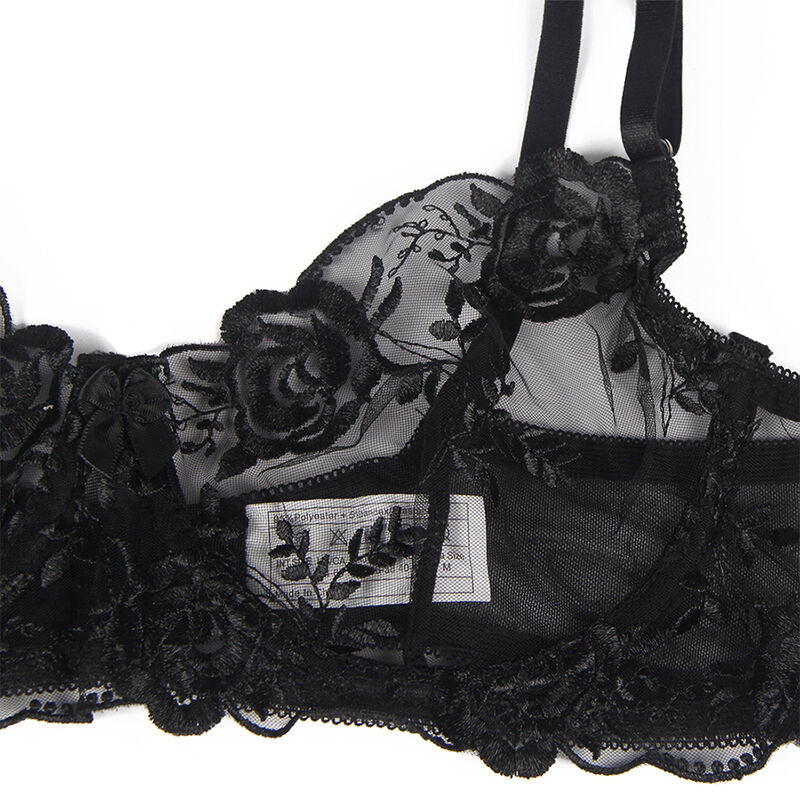 Subblime - set 3 pezzi reggiseno + perizoma + giarrettiera stampa floreale nero l/xl