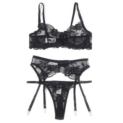 Subblime - set 3 pezzi reggiseno + perizoma + giarrettiera stampa floreale nero l/xl
