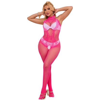 Subblime - 952389 bodystocking a rete e pizzo senza cavallo con collo alto rosa taglia unica
