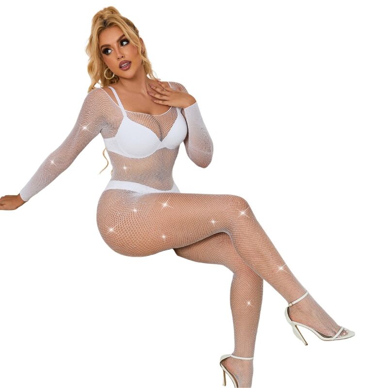 Subblime - 952396 bodystocking a rete con strass manica lunga bianco taglia unica