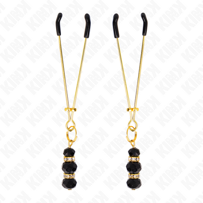 Kink - pinze per capezzoli sottili oro con 3 perline di vetro nere 7 cm