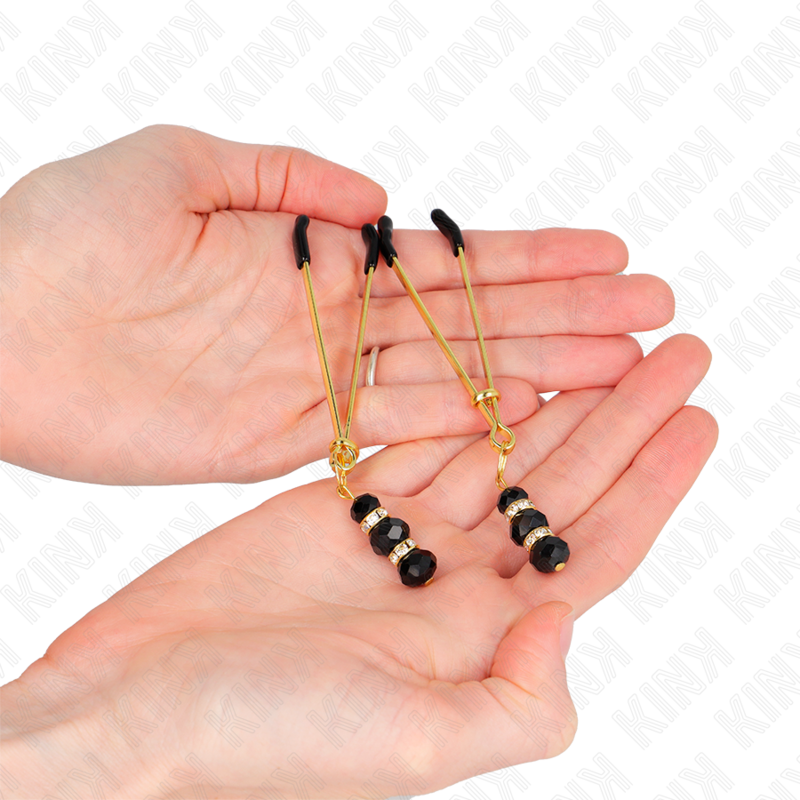 Kink - pinze per capezzoli sottili oro con 3 perline di vetro nere 7 cm