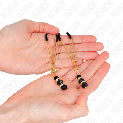Kink - pinze per capezzoli sottili oro con 3 perline di vetro nere 7 cm