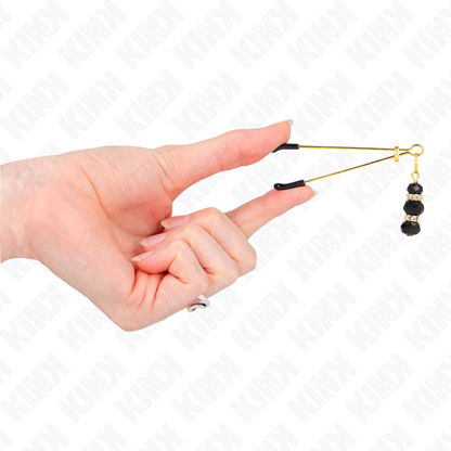 Kink - pinze per capezzoli sottili oro con 3 perline di vetro nere 7 cm