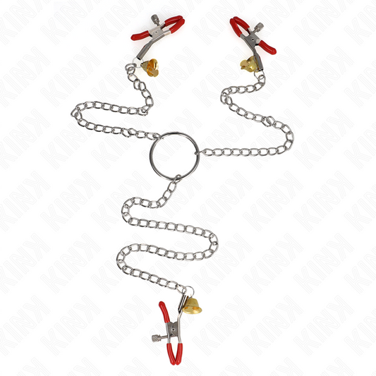 Kink - morsetti per capezzoli tripli e clit rosso con catena 30 cm