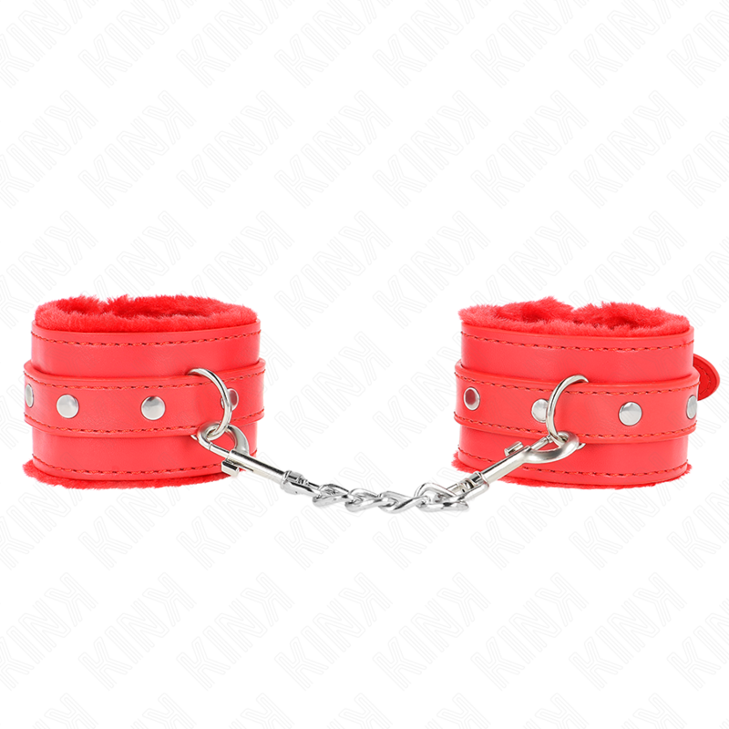 KINK - MENOTTES EN FOURRURE ROUGE REMBOURRÉES DE QUALITÉ SUPÉRIEURE AVEC SANGLE ROUGE RÉGLABLE 17-29 CM X 6 CM