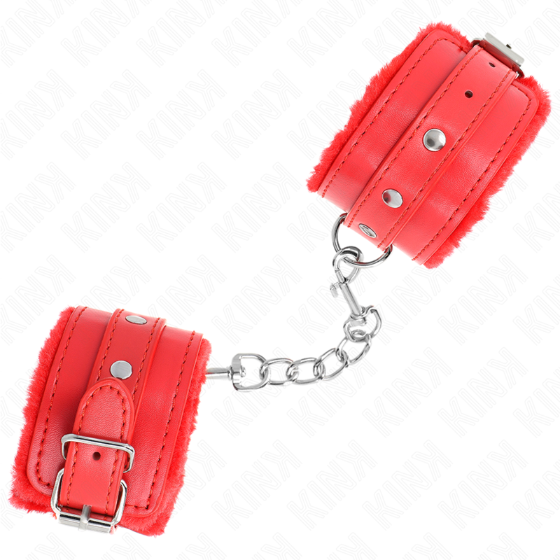 KINK - MENOTTES EN FOURRURE ROUGE REMBOURRÉES DE QUALITÉ SUPÉRIEURE AVEC SANGLE ROUGE RÉGLABLE 17-29 CM X 6 CM