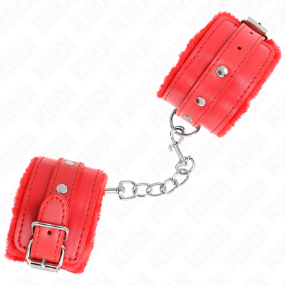 KINK - MENOTTES EN FOURRURE ROUGE REMBOURRÉES DE QUALITÉ SUPÉRIEURE AVEC SANGLE ROUGE RÉGLABLE 17-29 CM X 6 CM