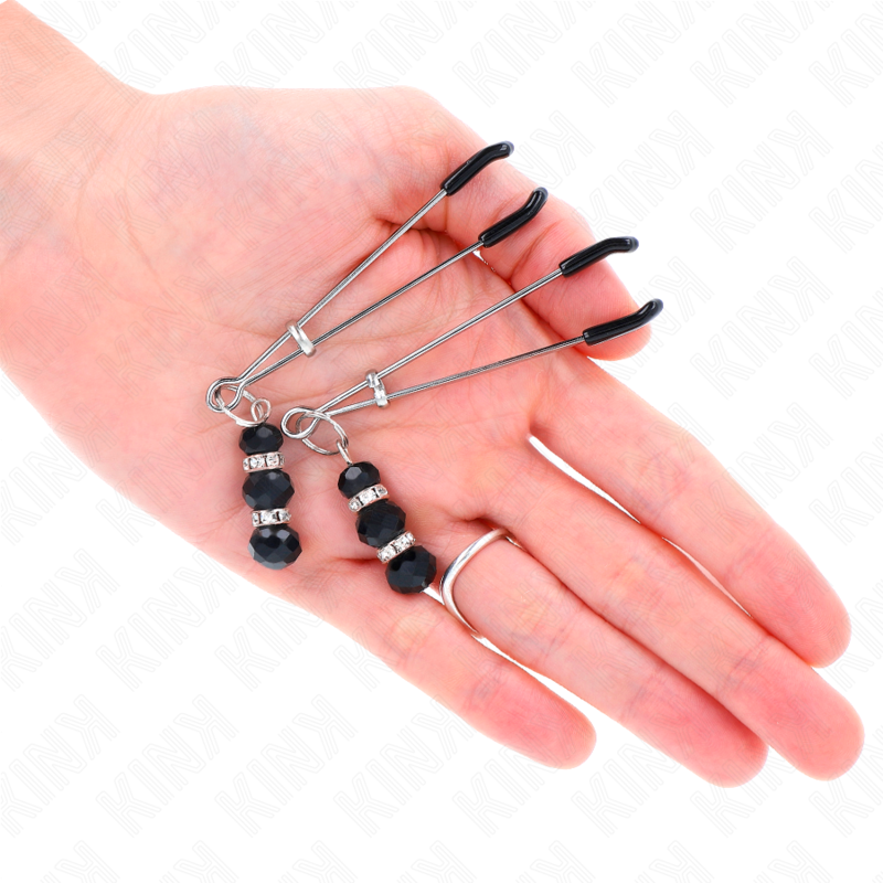 Kink - pinze per capezzoli sottili oro con 3 perline di vetro nere 7 cm