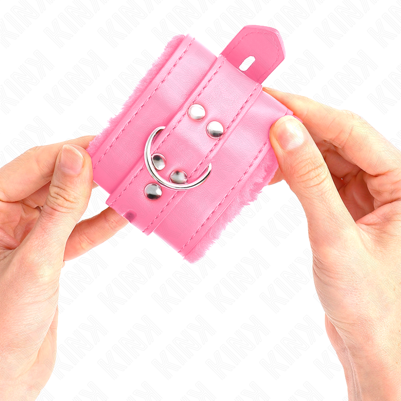 Kink - polsini imbottiti in pelliccia con fori quadri rosa e cintura rosa regolabile 17-29 cm x 6 cm