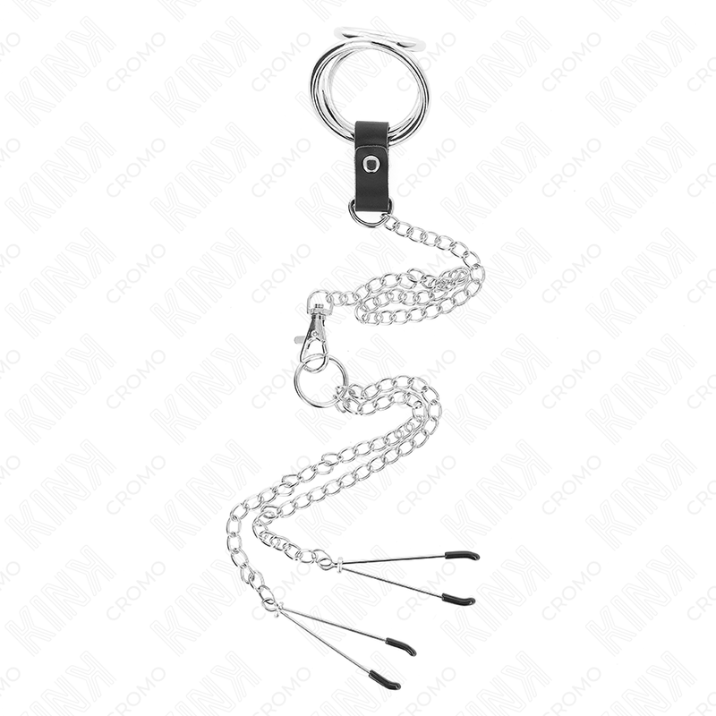 Kink - anello per pene in metallo cromato triplo da 3 cm a 4,5 cm con catena in metallo da 26 cm e clip per capezzoli