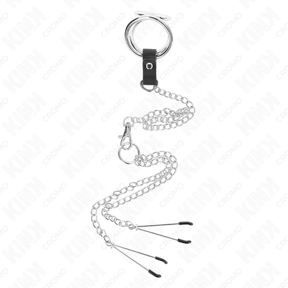 Kink - anello per pene in metallo cromato triplo da 3 cm a 4,5 cm con catena in metallo da 26 cm e clip per capezzoli