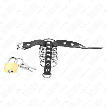 Kink - Anneau pénien en cuir avec sangle de verrouillage 21 x 2 cm et 5 anneaux métalliques de 3 cm à 4 cm