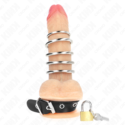 Kink - Anneau pénien en cuir avec sangle de verrouillage 21 x 2 cm et 5 anneaux métalliques de 3 cm à 4 cm
