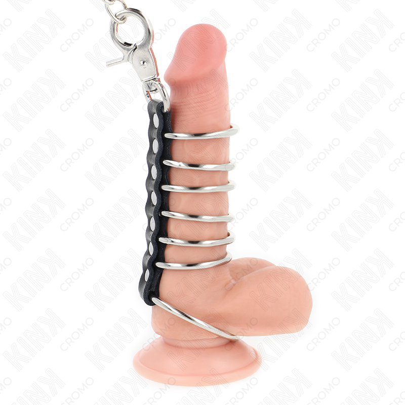 Kink - 7 anelli per pene in metallo da 3,8 cm a 5 cm collegati con pelle e catena in metallo 100 cm