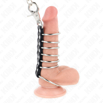 Kink - 7 anelli per pene in metallo da 3,8 cm a 5 cm collegati con pelle e catena in metallo 100 cm