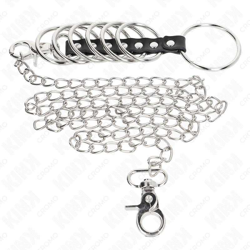 Kink - 7 anelli per pene in metallo da 3,8 cm a 5 cm collegati con pelle e catena in metallo 100 cm