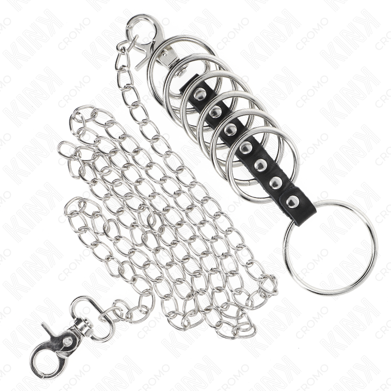 Kink - 7 anelli per pene in metallo da 3,8 cm a 5 cm collegati con pelle e catena in metallo 100 cm