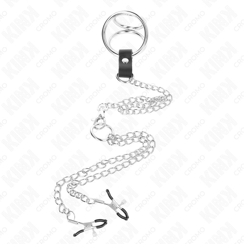 Kink - anello per pene in metallo cromato triplo da 3,8 cm a 5 cm con catena in metallo da 26 cm e morsetti per capezzoli modello 1